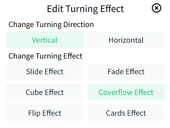 Card Page Turning Effect Settings Panel